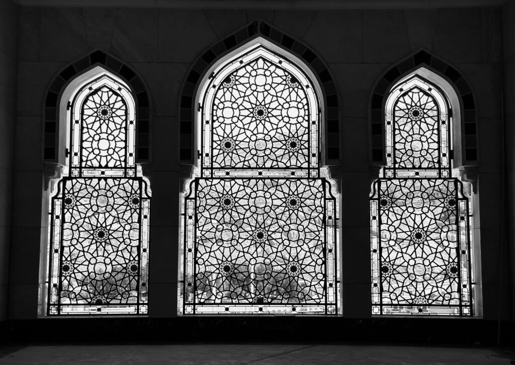 Islamic pattern in Al masjid al haram mosque windows - black and white background art - Mecca