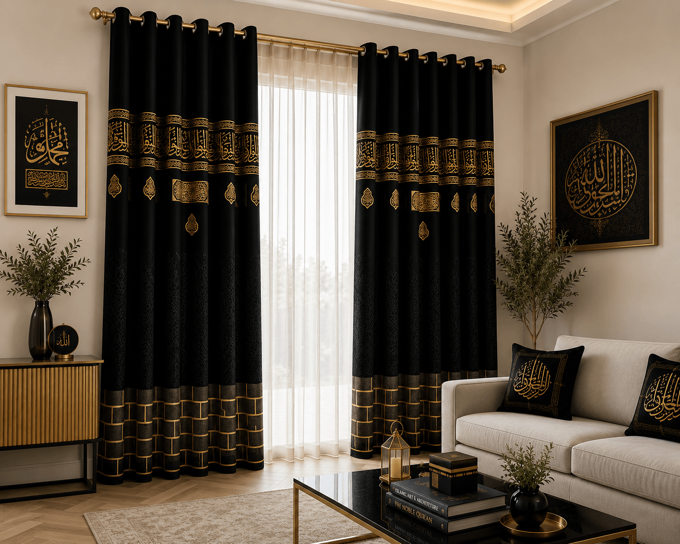 Luxury Kabah inspired curtains in a modern Muslim home interior in the UK