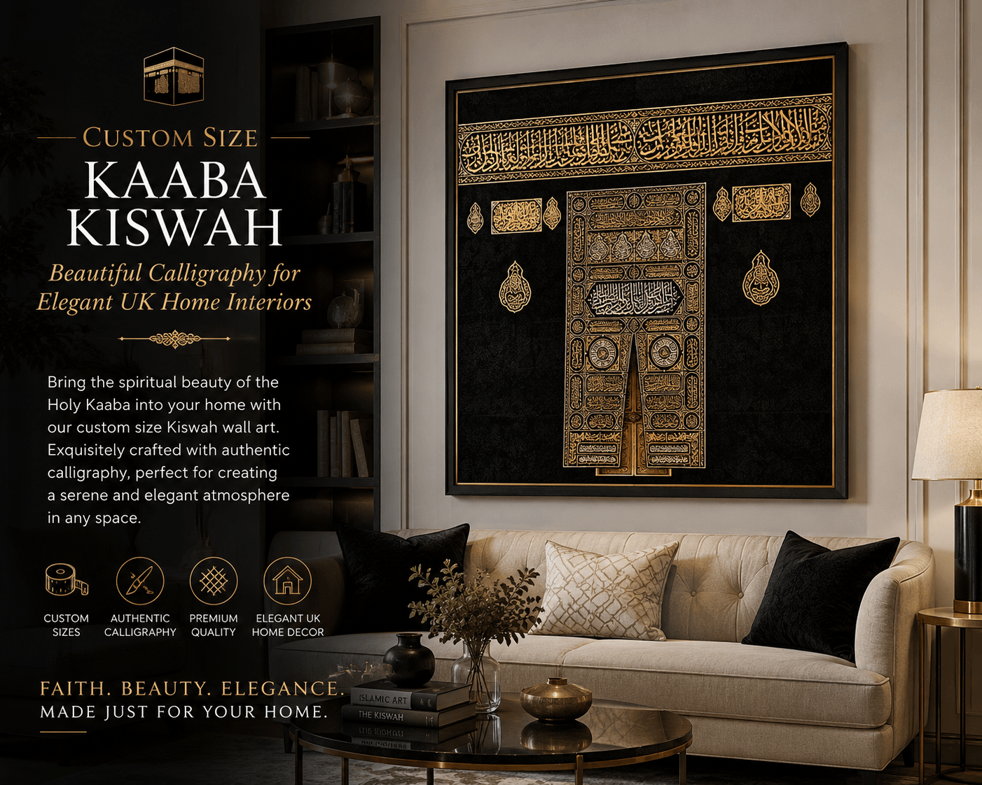 Custom Size Kaaba Kiswah Islamic wall décor for elegant UK home interiors