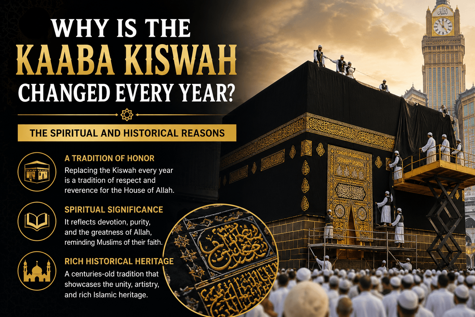 The Holy Kaaba covered with the black Kiswah featuring gold embroidered Quranic calligraphy in Makkah