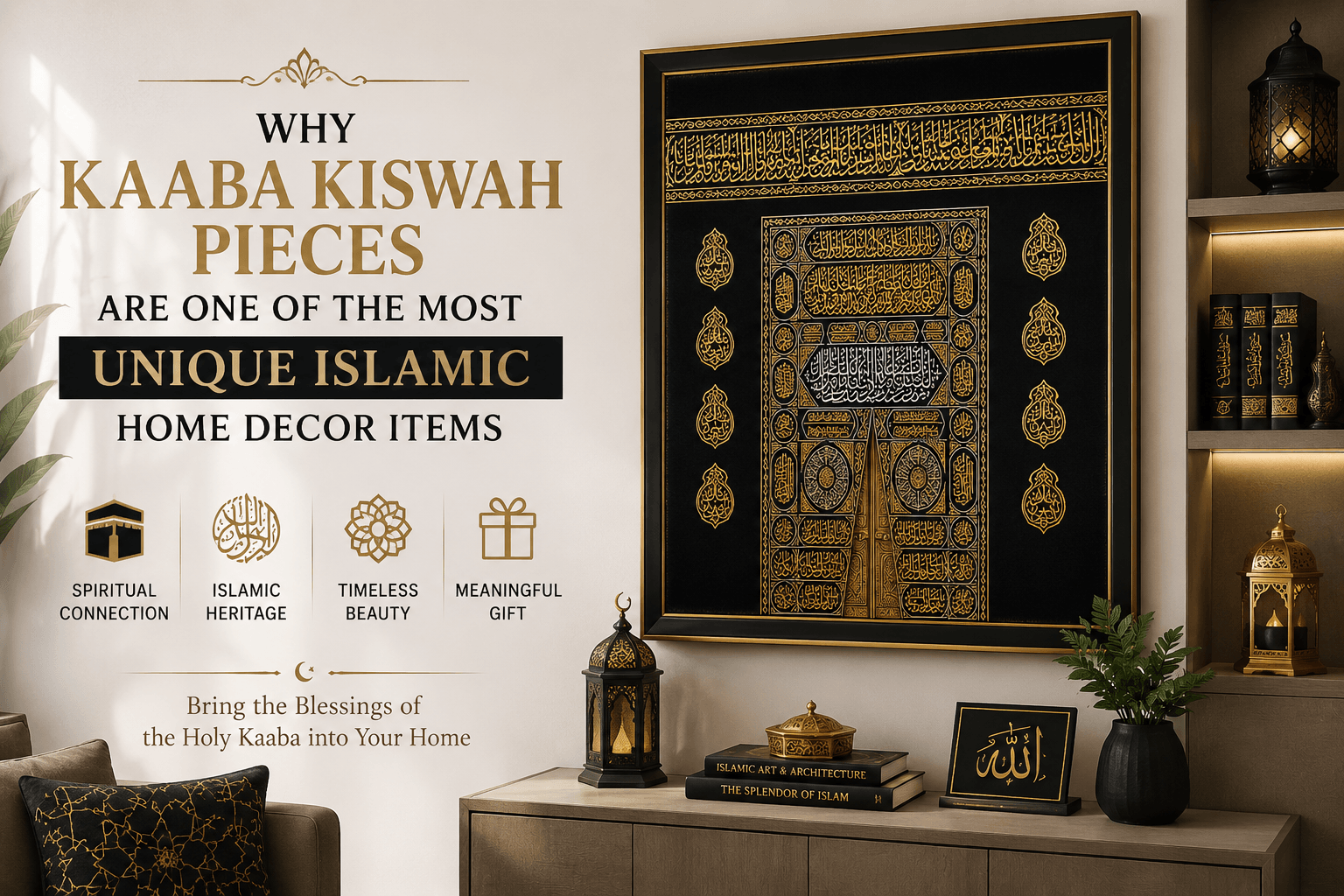 Luxury Kaaba Kiswah home decor displayed on a modern living room wall with Islamic calligraphy artwork