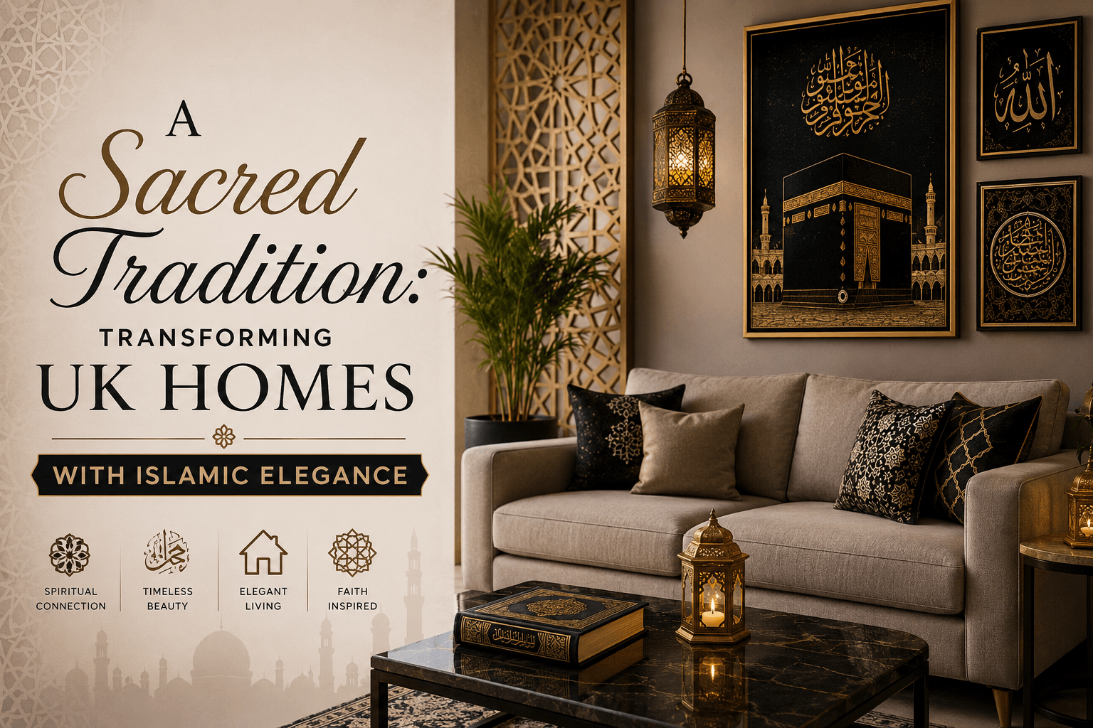 Modern Islamic living room with Kaaba-inspired wall art and Arabic calligraphy décor.