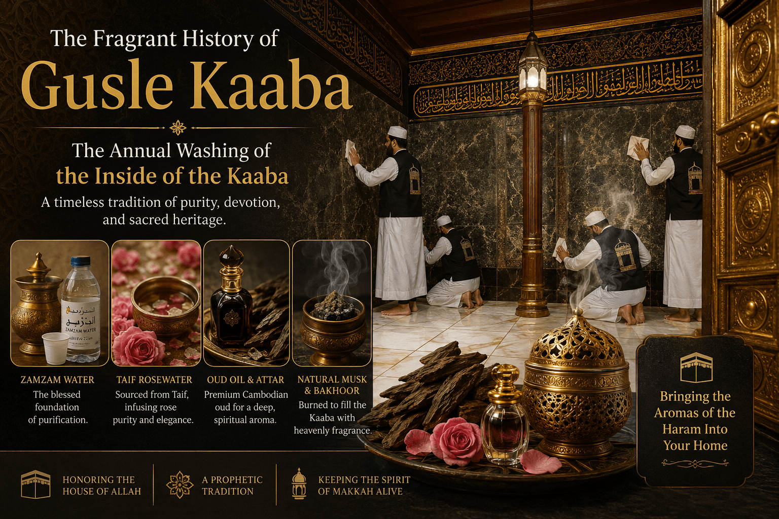 Annual Gusle Kaaba ceremony inside the Holy Kaaba using Zamzam water, Taif rosewater and premium oud fragrance