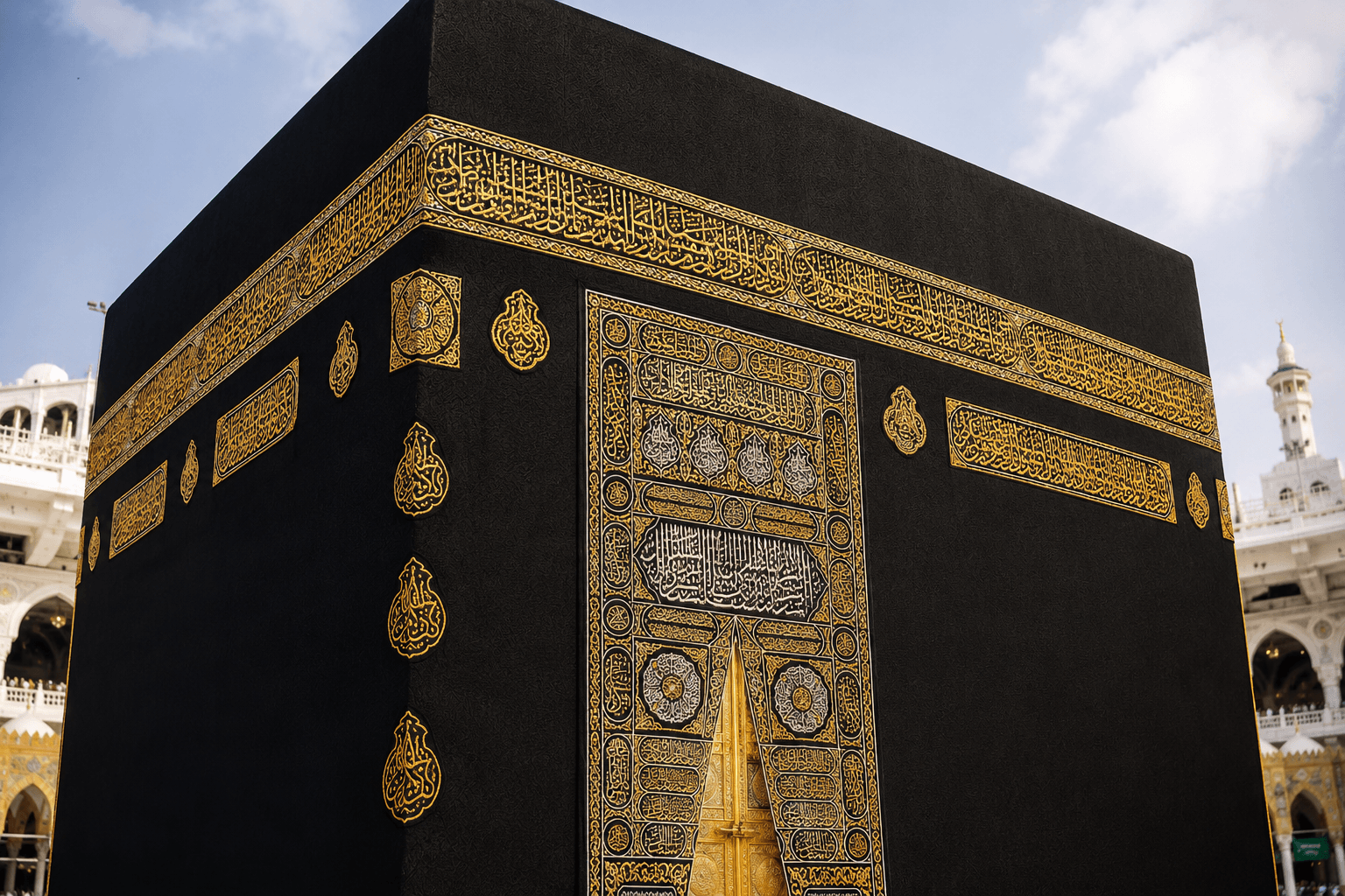 The sacred Kiswah draped over the Holy Kaaba in Makkah during Hajj