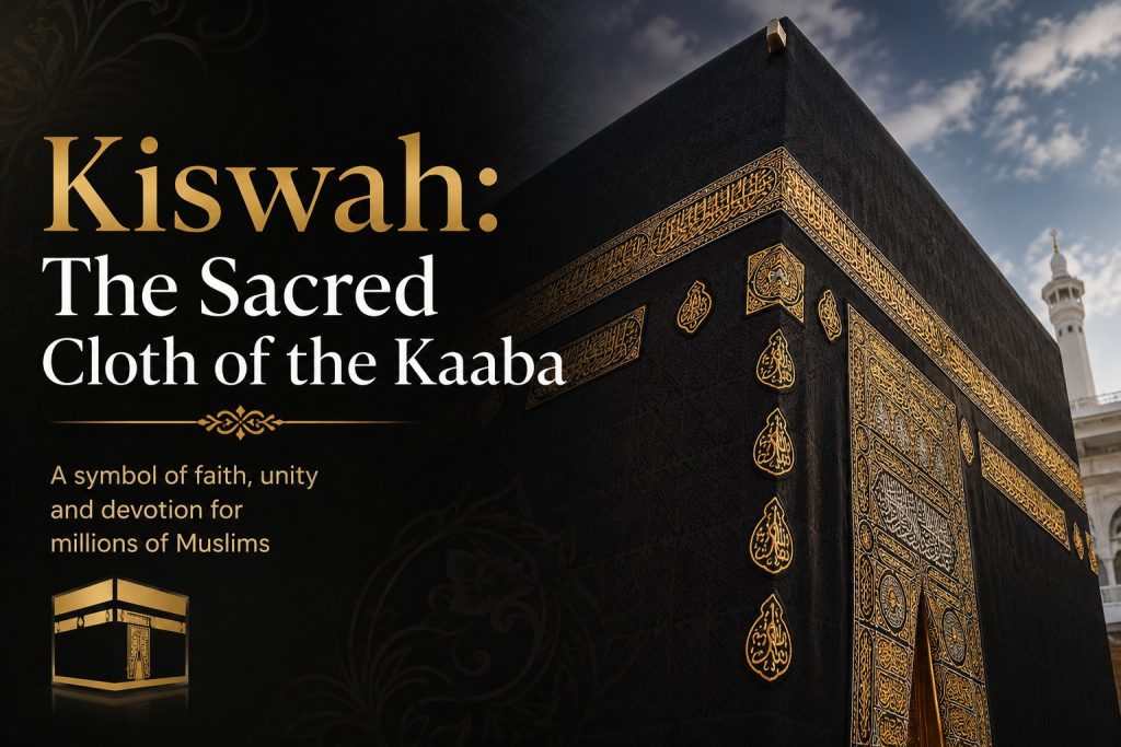 Authentic Kaaba Kiswah piece displayed with the Holy Kaaba in Makkah
