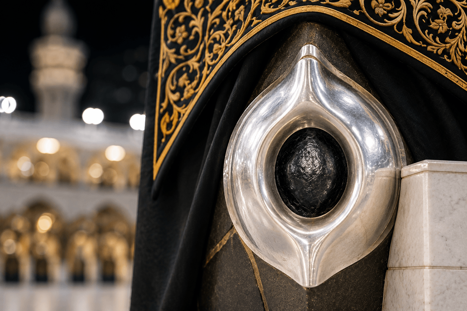 Hajar Aswad (Black Stone) embedded in the eastern corner of the Holy Kaaba at Masjid al-Haram in Makkah during Tawaf.