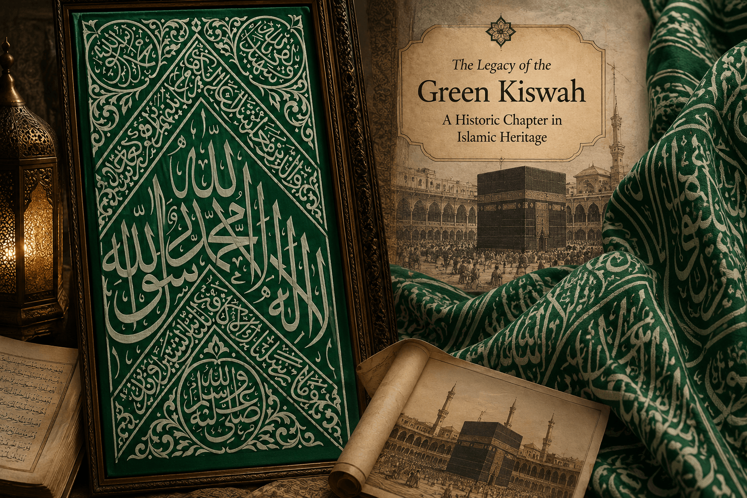 Historical Green Kiswah Kaaba illustrating the rare green covering of the Holy Kaaba before the modern black Kiswah tradition in Makkah.