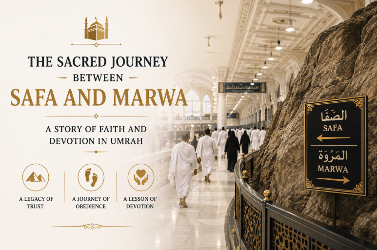 Muslim pilgrims performing Sa'i between the historic hills of Safa and Marwa during Umrah in Masjid al-Haram, Makkah.