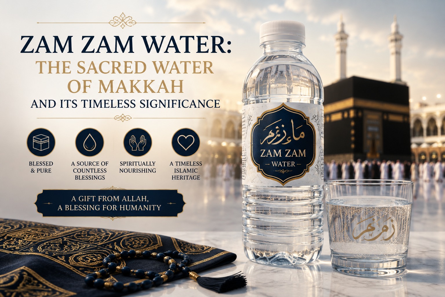 Zam Zam water from the sacred well in Makkah, representing its Islamic history and spiritual significance during Hajj and Umrah.