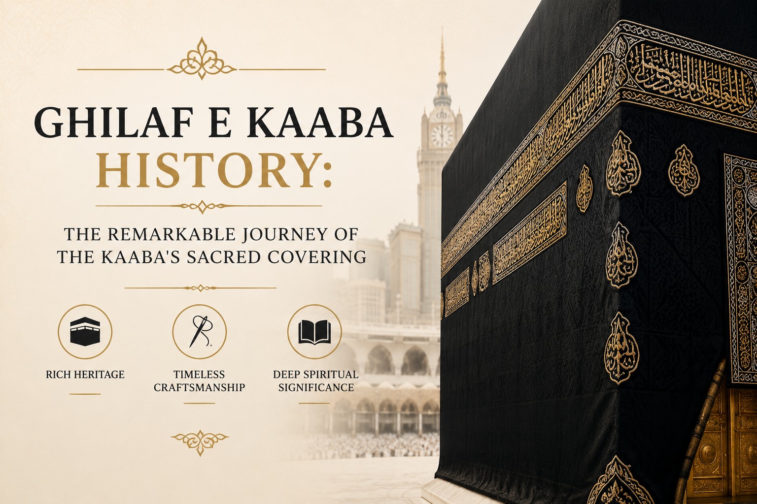 Black Ghilaf e Kaaba Kiswah covering the Holy Kaaba with intricate Quranic calligraphy and traditional Islamic embroidery. Black Ghilaf e Kaaba Kiswah covering the Holy Kaaba with intricate Quranic calligraphy and traditional Islamic embroidery.